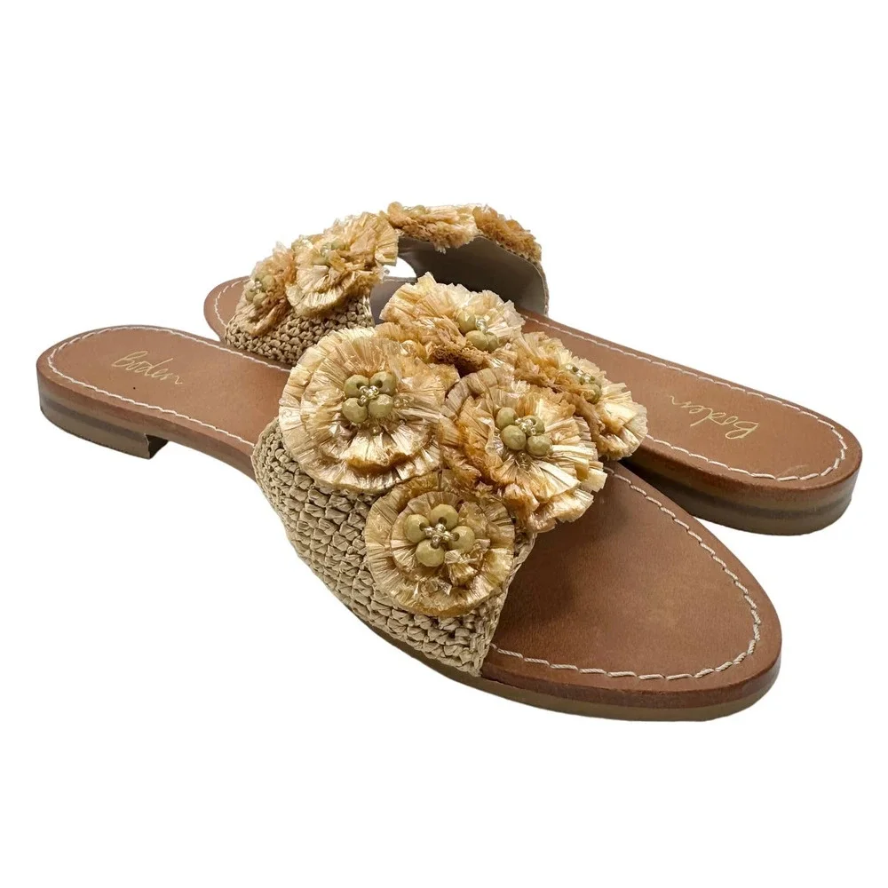 Boden | Women | Elsbeth Tan Leather Raffia Floral Slides Sandals | 37 EU 6 US